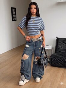 Coolane 女款夏季 Y2K 基本款日常休閒返校復古街頭風彈性條紋藍色寬鬆抽褶收腰短版 T-shirt - 淺藍色 - 查看 2