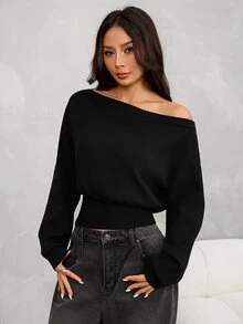 SHEIN PETITE 女款純色不對稱肩休閒性感優雅百搭日常長袖針織衫，適合夜晚外出與早午餐，黑色，秋季 - 黑色 - 查看 8