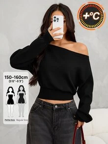 SHEIN PETITE 女款純色不對稱肩休閒性感優雅百搭日常長袖針織衫，適合夜晚外出與早午餐，黑色，秋季 - 黑色 - 查看 3