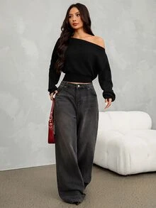 SHEIN PETITE 女款純色不對稱肩休閒性感優雅百搭日常長袖針織衫，適合夜晚外出與早午餐，黑色，秋季 - 黑色 - 查看 5
