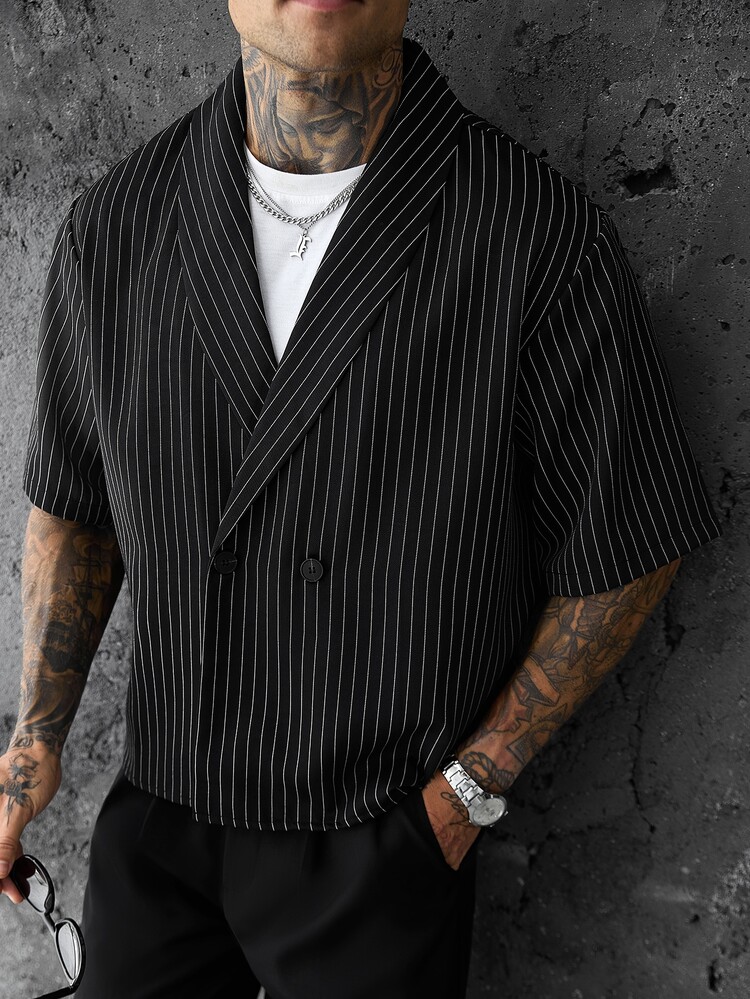 SLATEMANN Men's Summer Ant Stripe Fabric, Classic Short Sleeve Single-Button Large Collar Shirt, Back Panel With Leather Patch, Casual Black And White Striped - Black - View 5