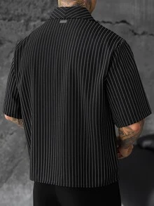 SLATEMANN 男士夏季防蚊條紋布料經典短袖單扣大領襯衫，背板附皮革貼片，休閒黑白條紋 - 黑色 - 查看 2