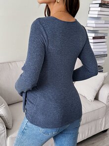 SHEIN تي شيرت رضاعة للحوامل بلون موحد مع عقدة جانبية، كاجوال للخريف والشتاء - ازرق ضبابي - مشاهدة 3