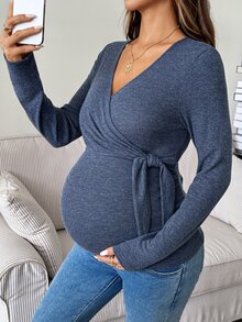 SHEIN تي شيرت رضاعة للحوامل بلون موحد مع عقدة جانبية، كاجوال للخريف والشتاء - ازرق ضبابي - مشاهدة 5