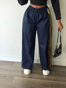 Slaydiva Women's Elastic Waist Side Stripe Wide Leg Loose Long Pants - Navy Blue - View 5
