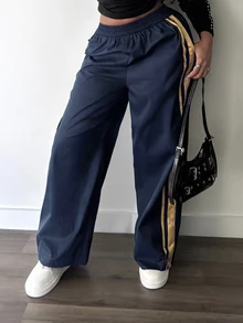 Slaydiva Women's Elastic Waist Side Stripe Wide Leg Loose Long Pants - Navy Blue - View 6