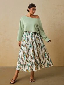 Travachic Gaun Cami Warna Hijau Sage Putih dan Atasan Warna Polos Ukuran Besar untuk Wanita, Setelan Kasual Boho 2 Potong untuk Liburan Formal Musim Gugur - Hijau - View 3