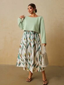 Travachic Gaun Cami Warna Hijau Sage Putih dan Atasan Warna Polos Ukuran Besar untuk Wanita, Setelan Kasual Boho 2 Potong untuk Liburan Formal Musim Gugur - Hijau - View 6