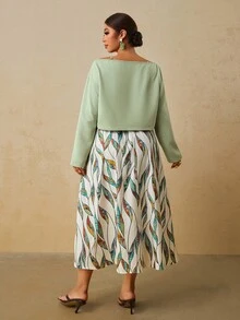 Travachic Gaun Cami Warna Hijau Sage Putih dan Atasan Warna Polos Ukuran Besar untuk Wanita, Setelan Kasual Boho 2 Potong untuk Liburan Formal Musim Gugur - Hijau - View 2