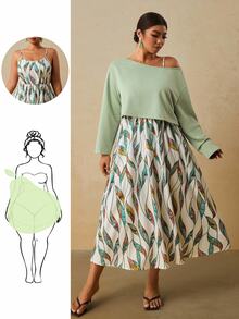 Travachic Gaun Cami Warna Hijau Sage Putih dan Atasan Warna Polos Ukuran Besar untuk Wanita, Setelan Kasual Boho 2 Potong untuk Liburan Formal Musim Gugur - Hijau - View 1