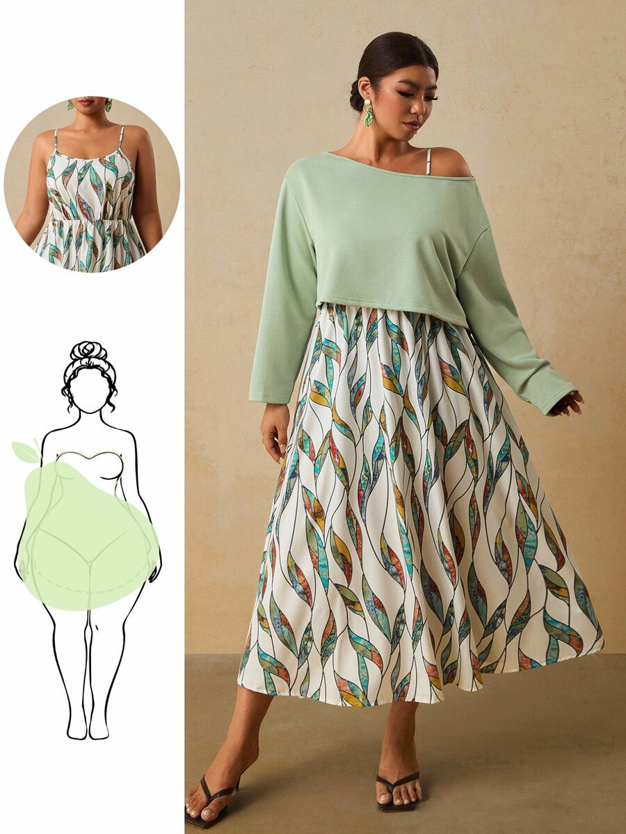 Travachic Gaun Cami Warna Hijau Sage Putih dan Atasan Warna Polos Ukuran Besar untuk Wanita, Setelan Kasual Boho 2 Potong untuk Liburan Formal Musim Gugur - Hijau - View 1