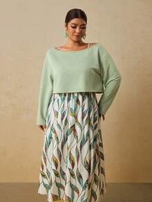 Travachic Gaun Cami Warna Hijau Sage Putih dan Atasan Warna Polos Ukuran Besar untuk Wanita, Setelan Kasual Boho 2 Potong untuk Liburan Formal Musim Gugur - Hijau - View 4