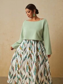 Travachic Gaun Cami Warna Hijau Sage Putih dan Atasan Warna Polos Ukuran Besar untuk Wanita, Setelan Kasual Boho 2 Potong untuk Liburan Formal Musim Gugur - Hijau - View 8