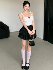 DAZY 女款夏季修身細肩帶背心，蝴蝶結裝飾，外出上衣 - 白色 - 查看 2