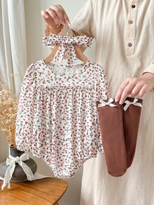 SHEIN 3pcs Baby Girls Romper Headband Set Sweet White Red Floral Bow Ruched Long Sleeve Round Neck Regular Birthday Party Autumn Princess First Birthday Kit - Khaki - View 5