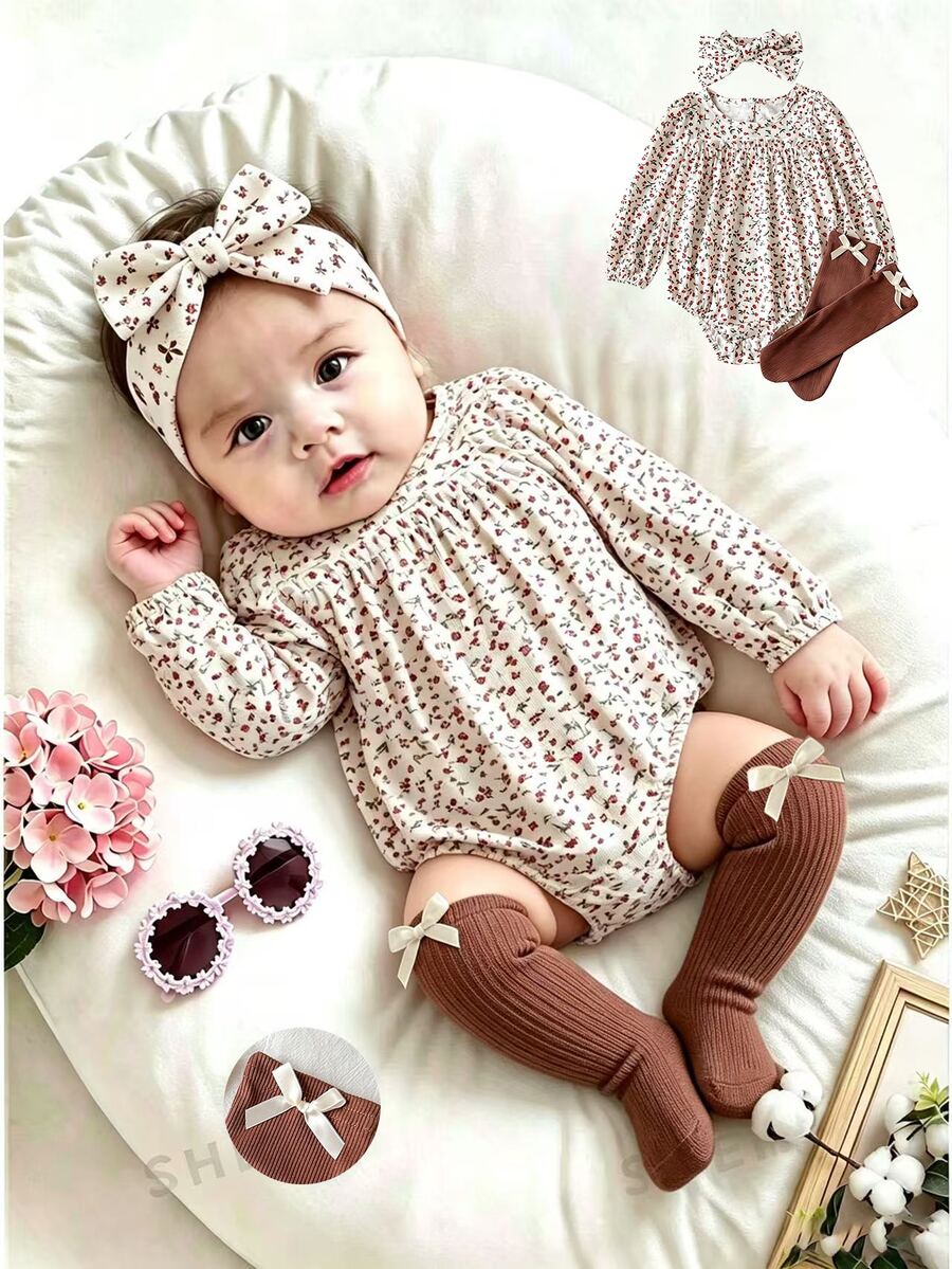 SHEIN 3pcs Baby Girls Romper Headband Set Sweet White Red Floral Bow Ruched Long Sleeve Round Neck Regular Birthday Party Autumn Princess First Birthday Kit