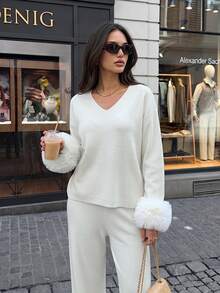 Aloruh Women V-Neck Fur Detailed Sweater 2pcs Set Co-Ords - White - View 3