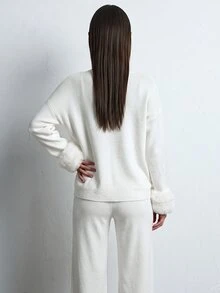 Aloruh Women V-Neck Fur Detailed Sweater 2pcs Set Co-Ords - White - View 2