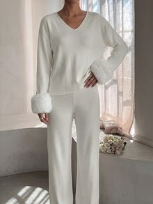 Aloruh Women V-Neck Fur Detailed Sweater 2pcs Set Co-Ords - White - View 5