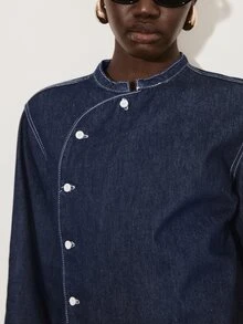 ATUI Studio Fall/Winter Casual Minimalist Business Women's Single-Breasted Long Sleeve Denim Top Everyday Dark Blue - Blue - View 2