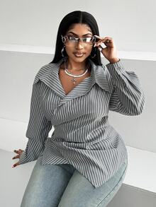 Maweii Plus Size Casual Commuter Striped Wrap Shirt Fall Cloth For Women - Grey - View 5