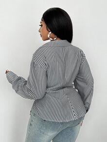 Maweii Plus Size Casual Commuter Striped Wrap Shirt Fall Cloth For Women - Grey - View 4