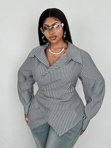 Maweii Plus Size Casual Commuter Striped Wrap Shirt Fall Cloth For Women - Grey - View 3