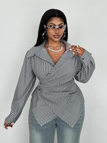 Maweii Plus Size Casual Commuter Striped Wrap Shirt Fall Cloth For Women - Grey - View 2