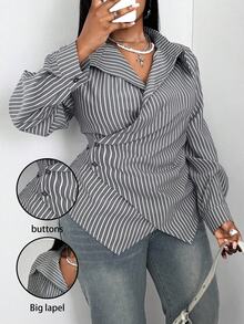 Maweii Plus Size Casual Commuter Striped Wrap Shirt Fall Cloth For Women - Grey - View 1
