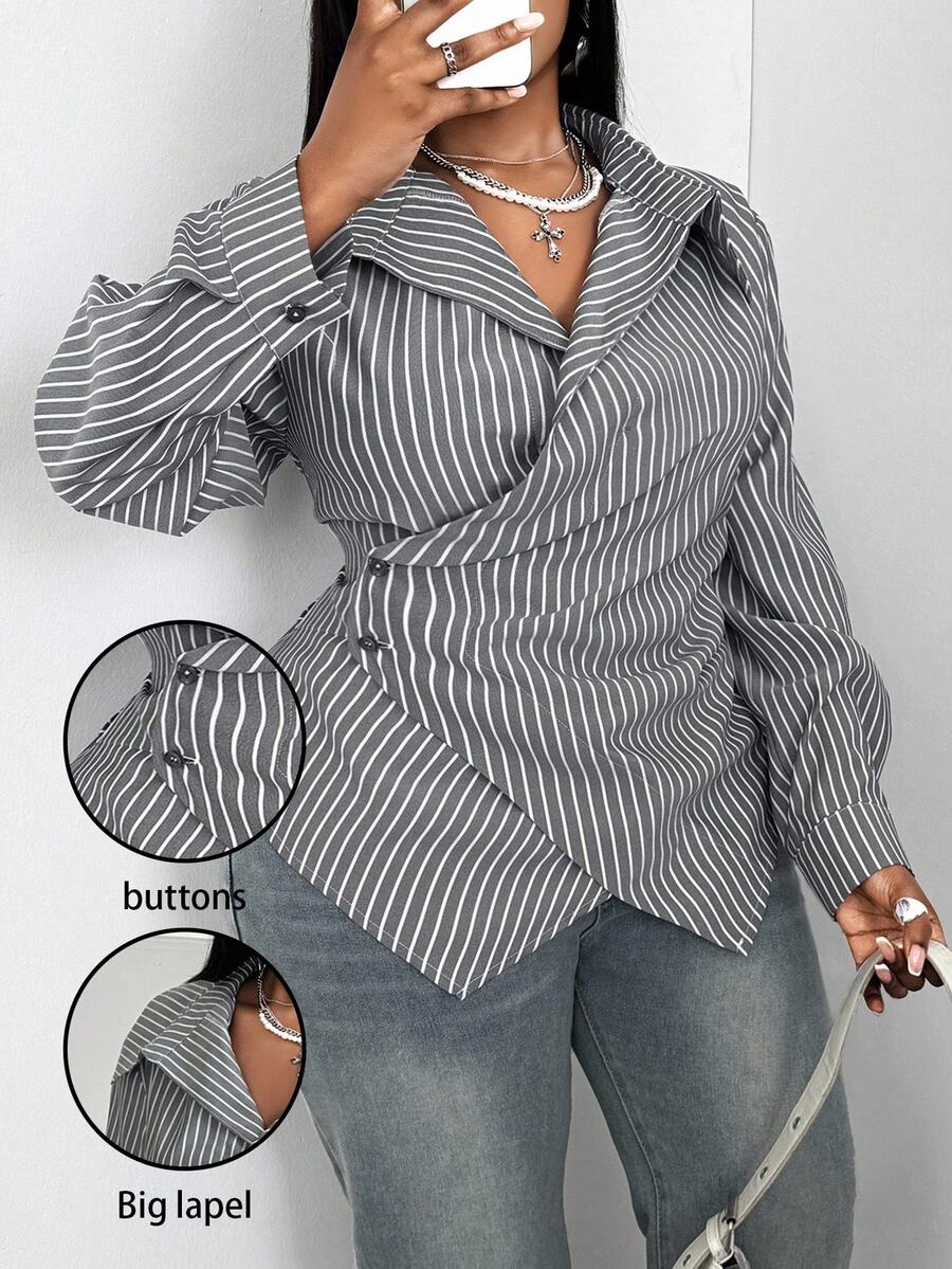 Maweii Plus Size Casual Commuter Striped Wrap Shirt Fall Cloth For Women - Grey - View 1