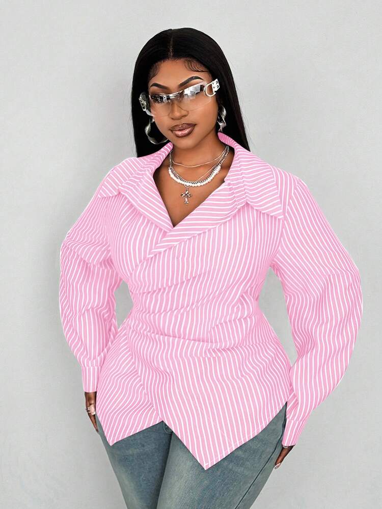 Maweii Plus Size Women's Spring/Autumn Casual Daily/Work Commute Striped Print Wrap Ruched Side Shirt Fall - Pink - View 3