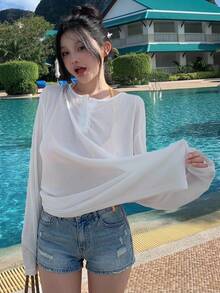 DAZY 女款純色簡約日常長袖罩衫，適合夏季度假、郵輪旅行與海灘穿著 - 白色 - 查看 5