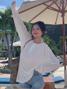 DAZY 女款純色簡約日常長袖罩衫，適合夏季度假、郵輪旅行與海灘穿著 - 白色 - 查看 6