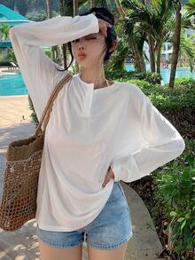 DAZY 女款純色簡約日常長袖罩衫，適合夏季度假、郵輪旅行與海灘穿著 - 白色 - 查看 2