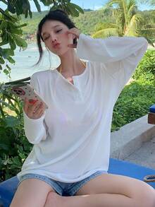 DAZY 女款純色簡約日常長袖罩衫，適合夏季度假、郵輪旅行與海灘穿著 - 白色 - 查看 4