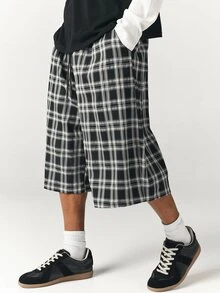 SUMWON Mens Oversized Plaid Bermuda Shorts Wide Leg Below Knee Length Elastic Waist Summer Casual Baggy Check Shorts - Black and White - View 1