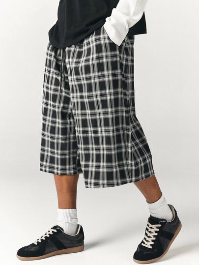SUMWON Mens Oversized Plaid Bermuda Shorts Wide Leg Below Knee Length Elastic Waist Summer Casual Baggy Check Shorts