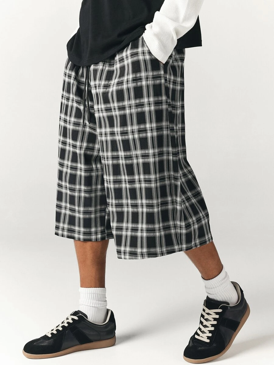 SUMWON Mens Oversized Plaid Bermuda Shorts Wide Leg Below Knee Length Elastic Waist Summer Casual Baggy Check Shorts - Black and White - View 1