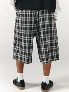 SUMWON Mens Oversized Plaid Bermuda Shorts Wide Leg Below Knee Length Elastic Waist Summer Casual Baggy Check Shorts - Black and White - View 2