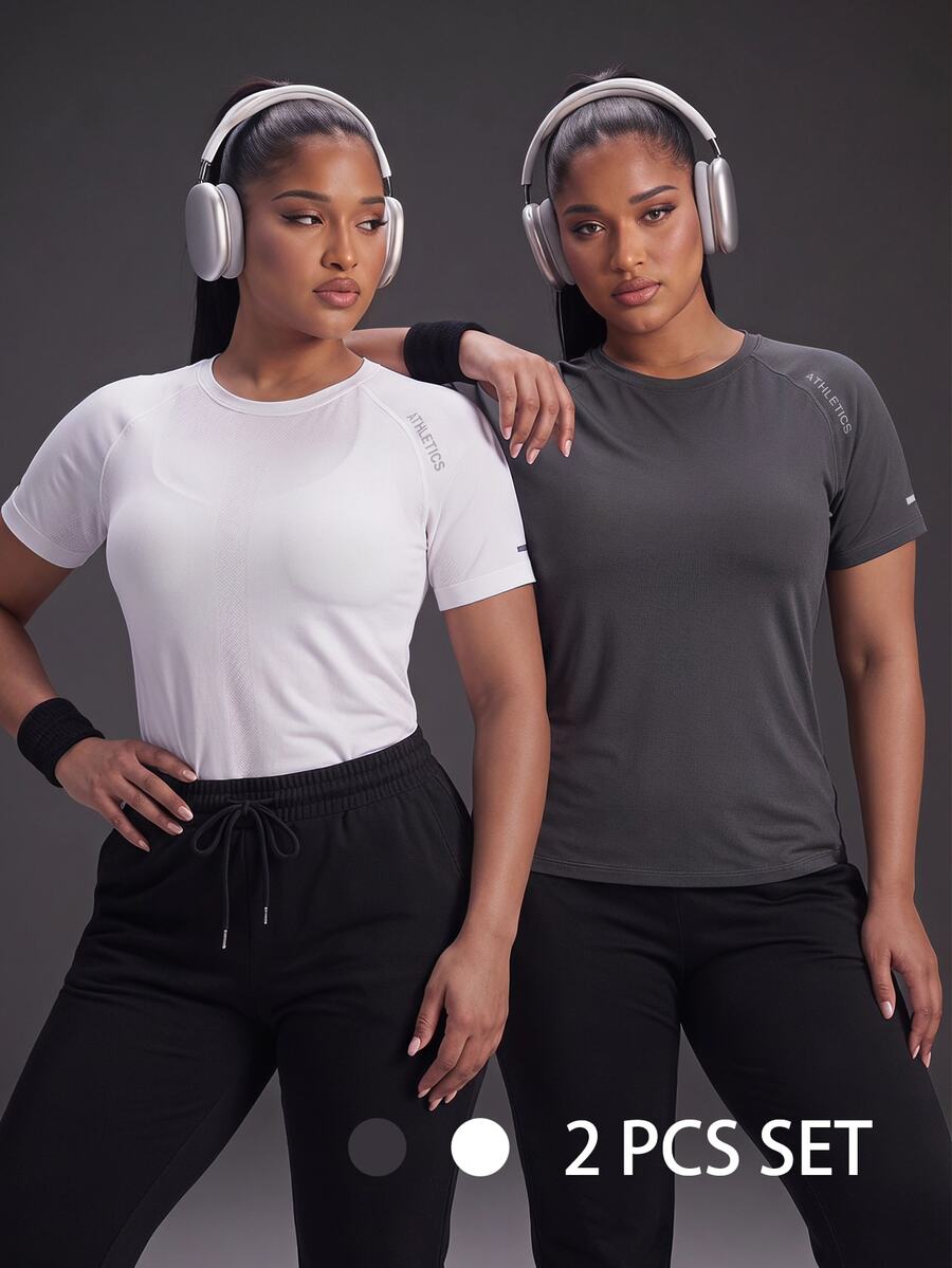 Powerista Women's Plus Size Letter Print Raglan Short Sleeve Sports T-Shirt 2-Piece Set Black And White Breathable Workout Running Fitness Going Out