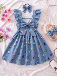 SHEIN 少女黃色格紋印花T恤度假風可愛度假洋裝 - 藍色 - 查看 5