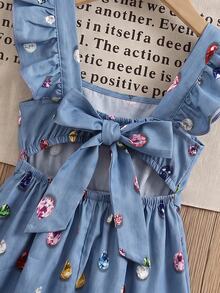 SHEIN 少女黃色格紋印花T恤度假風可愛度假洋裝 - 藍色 - 查看 7