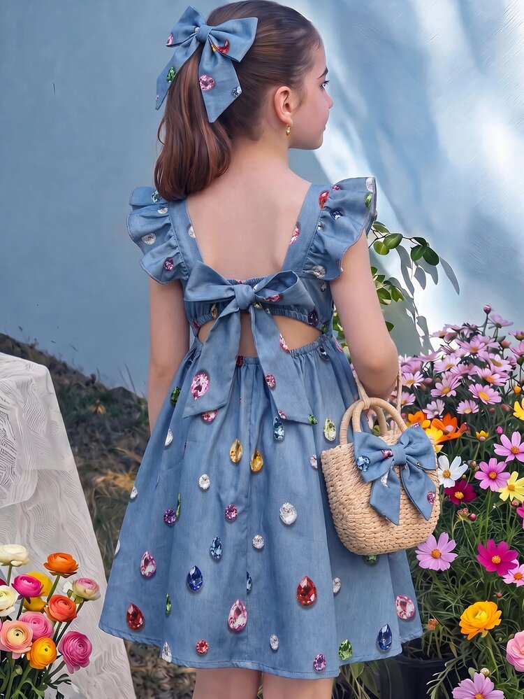 SHEIN 少女黃色格紋印花T恤度假風可愛度假洋裝 - 藍色 - 查看 3