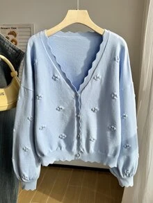 Comfortcana Áo cardigan tay dài vai trễ họa tiết trái tim phong cách thường ngày cho mùa Thu/Đông, size lớn - Màu xanh lam - Xem 7