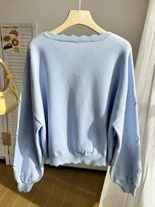 Comfortcana Áo cardigan tay dài vai trễ họa tiết trái tim phong cách thường ngày cho mùa Thu/Đông, size lớn - Màu xanh lam - Xem 2