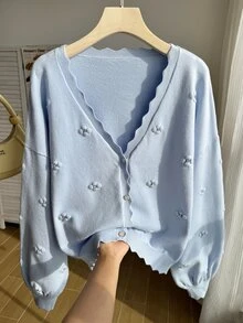 Comfortcana Áo cardigan tay dài vai trễ họa tiết trái tim phong cách thường ngày cho mùa Thu/Đông, size lớn - Màu xanh lam - Xem 1