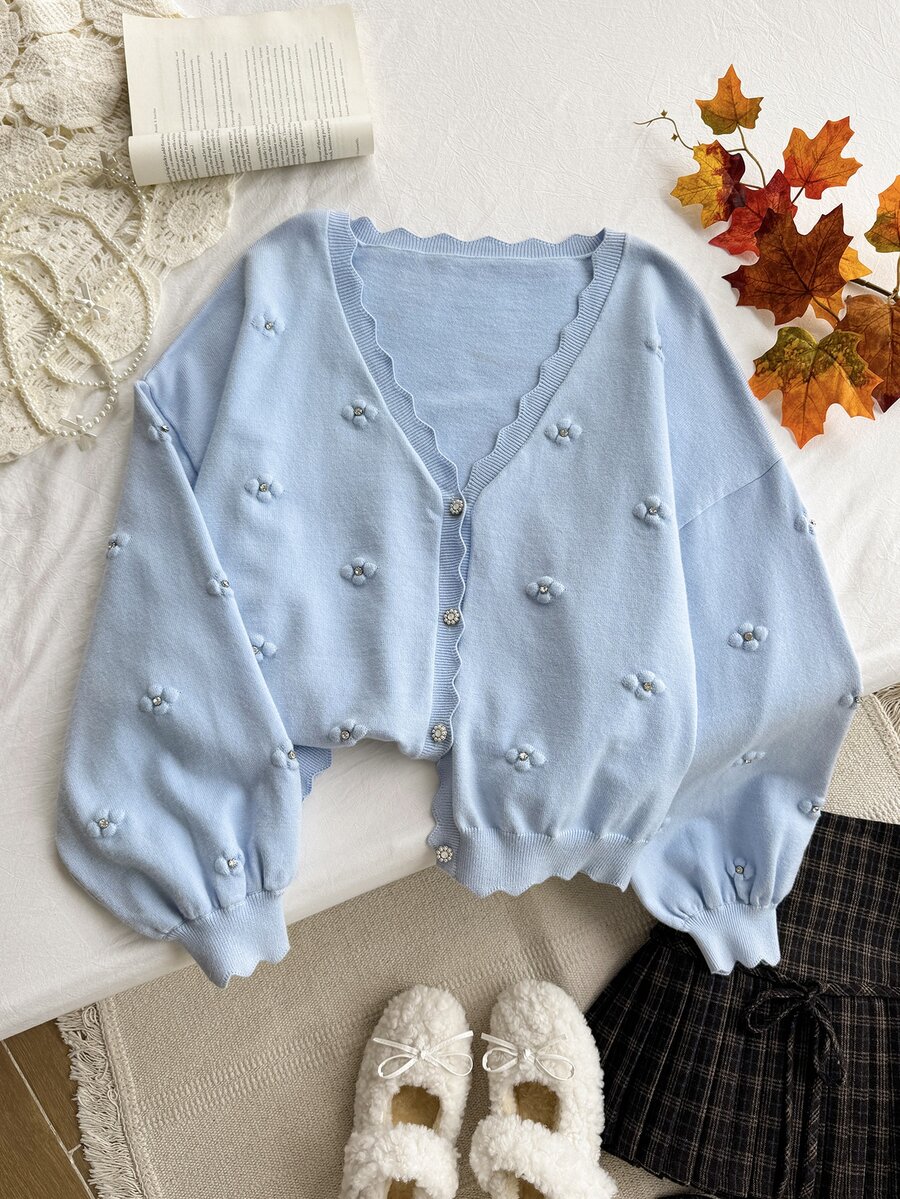 Comfortcana Autumn/Winter Casual Fairy Elegant Heart Pattern Plus Size Drop Shoulder Plus Size Long Sleeve Cardigan Date Night Evening Vacation Light Blue - Blue - View 1