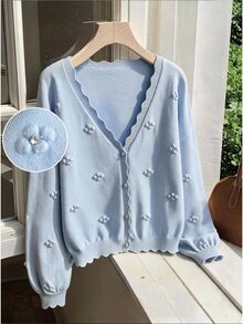 Comfortcana Áo cardigan tay dài vai trễ họa tiết trái tim phong cách thường ngày cho mùa Thu/Đông, size lớn - Màu xanh lam - Xem 8