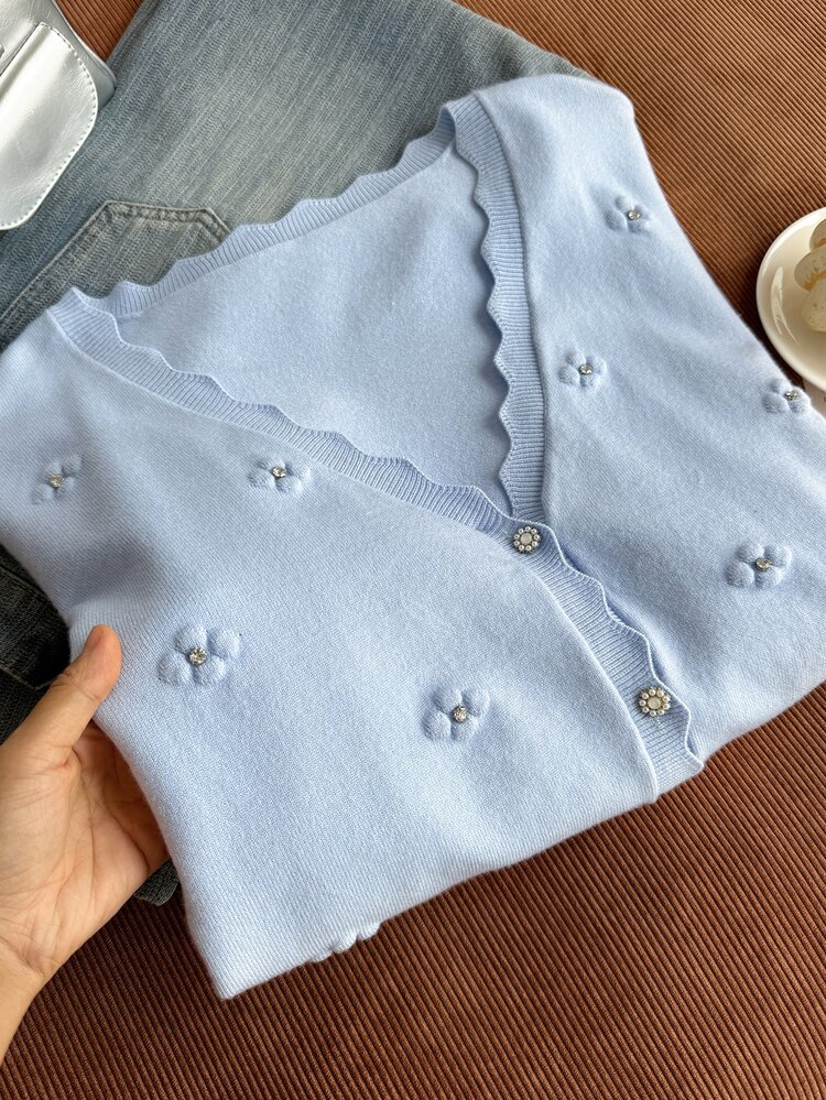 Comfortcana Autumn/Winter Casual Heart Pattern Plus Size Drop Shoulder Plus Size Long Sleeve Cardigan - Blue - View 6