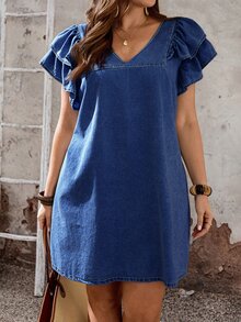 EMERY ROSE EMERY ROSE Plus Size Women'S V-Neck Casual Daily Summer Denim Dress Vacation Outfits - Dark Wash - View 4